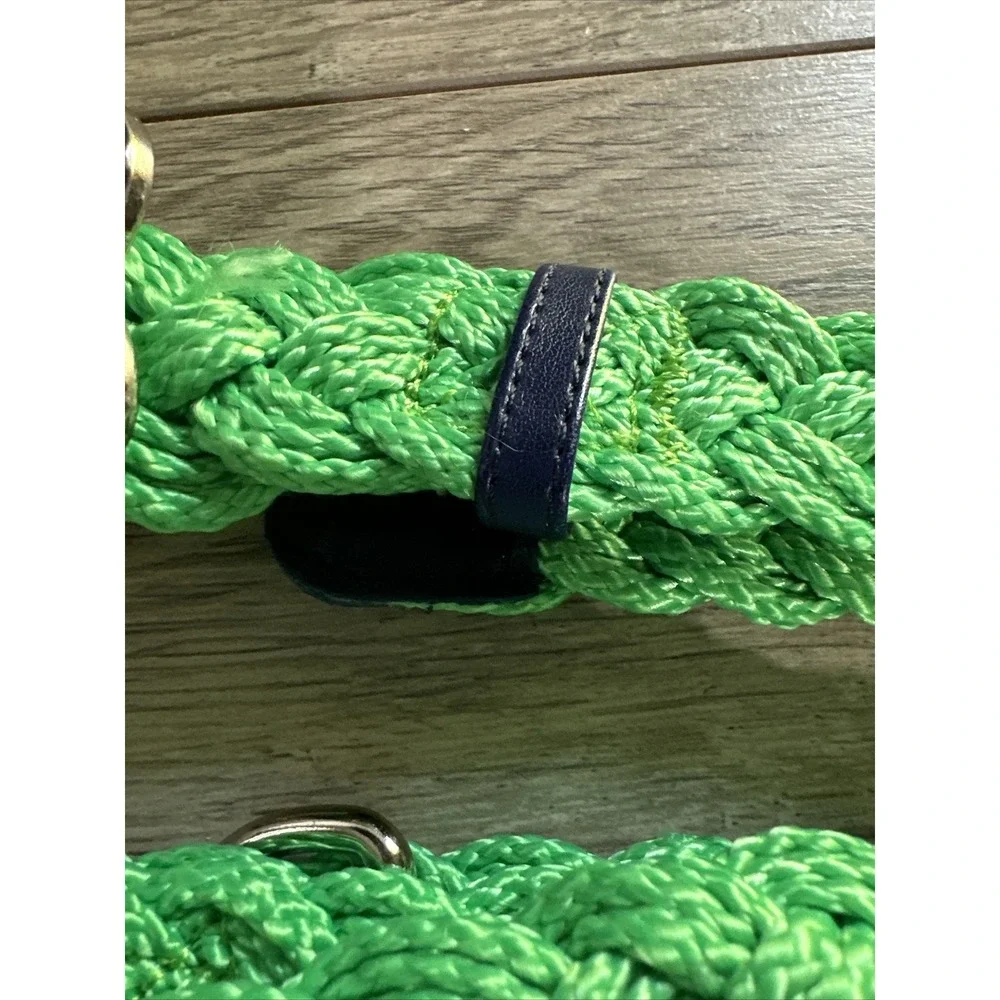 Green Braided Rope Belt Navy Blue Enamel Quatrefoil Buckle Preppy Nautical 31in